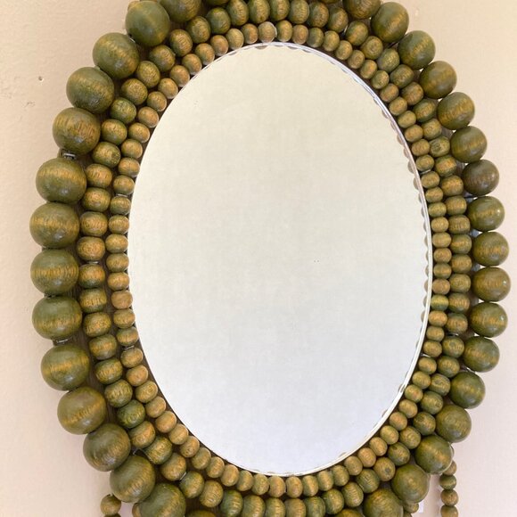 VTG Green Wooden Beads Tassels Frame Oval Mirror Boho Wall Hanging Cottagecore - Picture 5 of 17